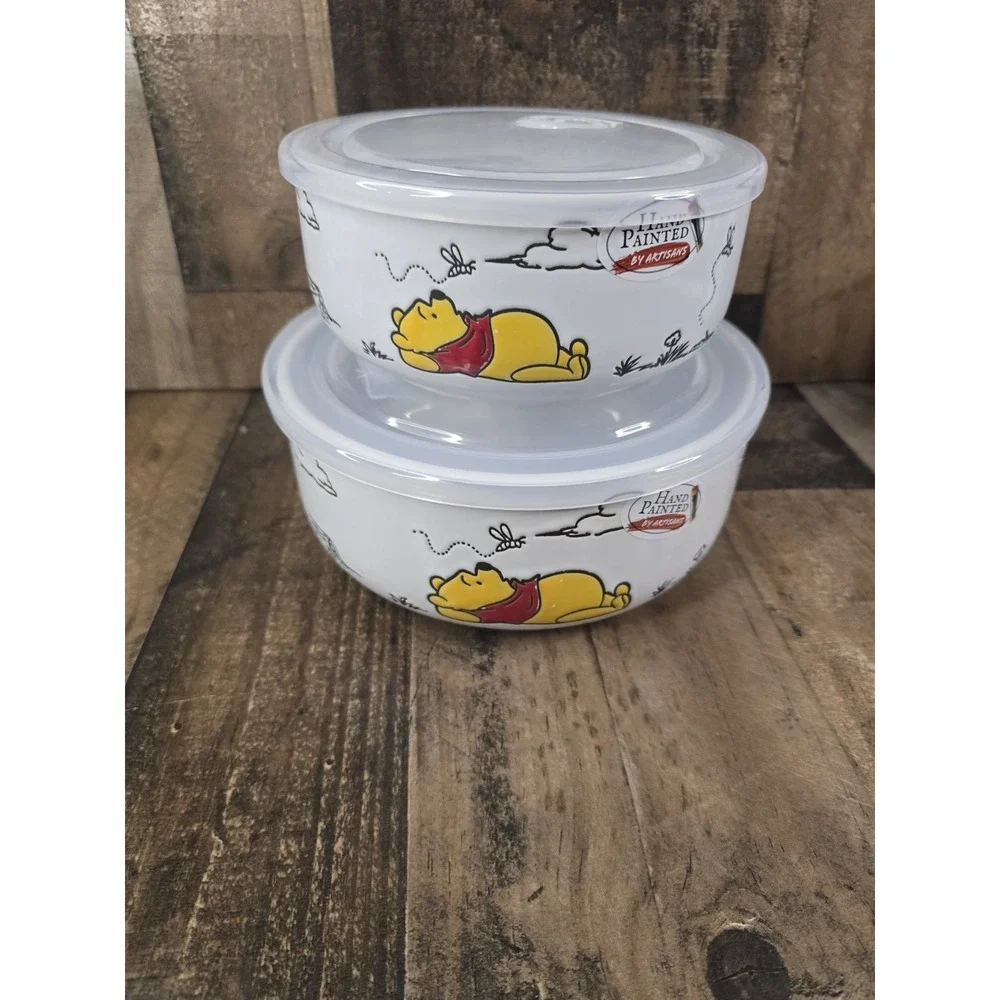Disney Winnie the Pooh Ceramic Storage Bowl Set 2pc Vented Lids Hand Painted Art